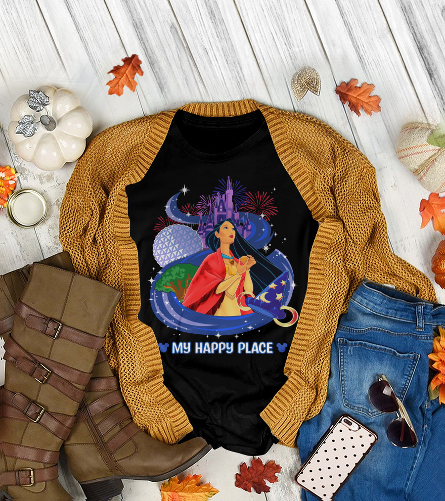 Pocahontas Disney My Happy Place Castle Fireworks Sorcerer Hat Epcot T-Shirt