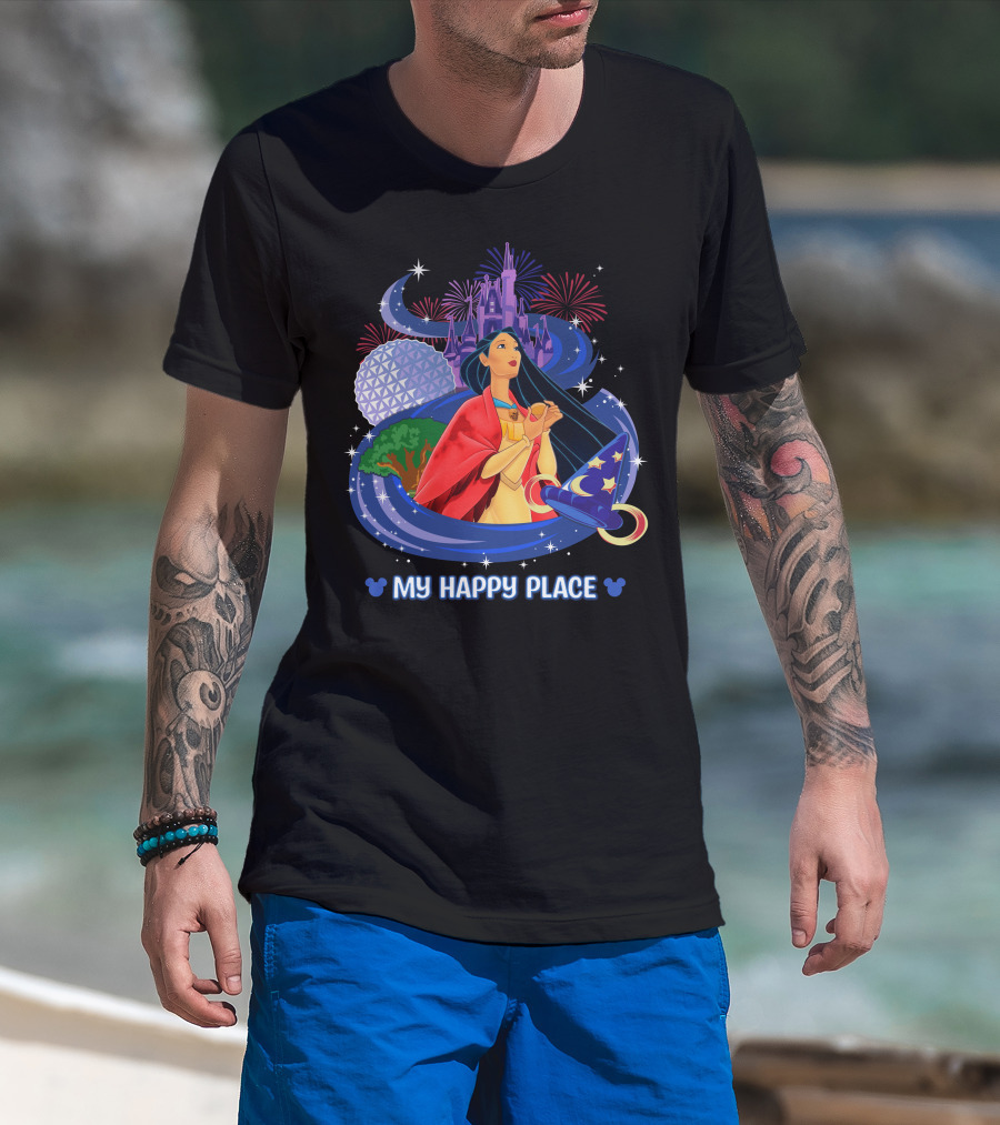 Pocahontas Disney My Happy Place Castle Fireworks Sorcerer Hat Epcot T-Shirt
