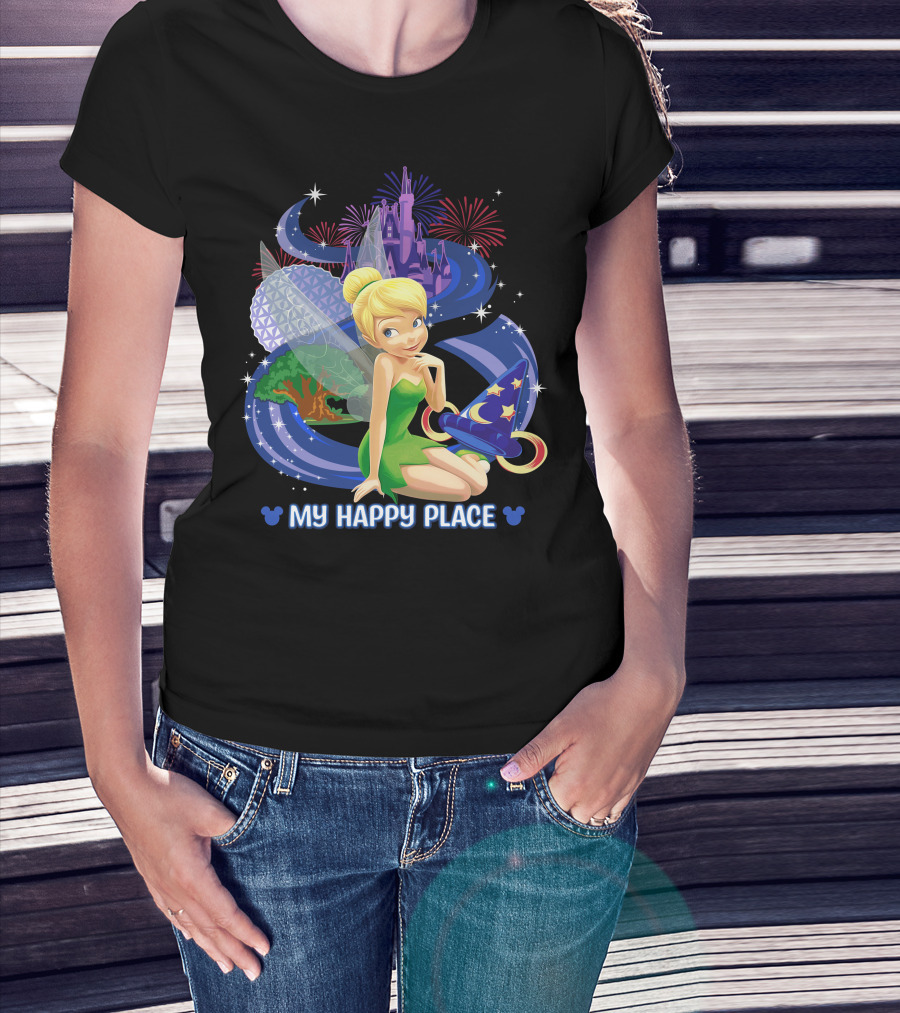 Tinker Bell My Happy Place Disney Castle Epcot Fireworks Wizard Hat T-Shirt