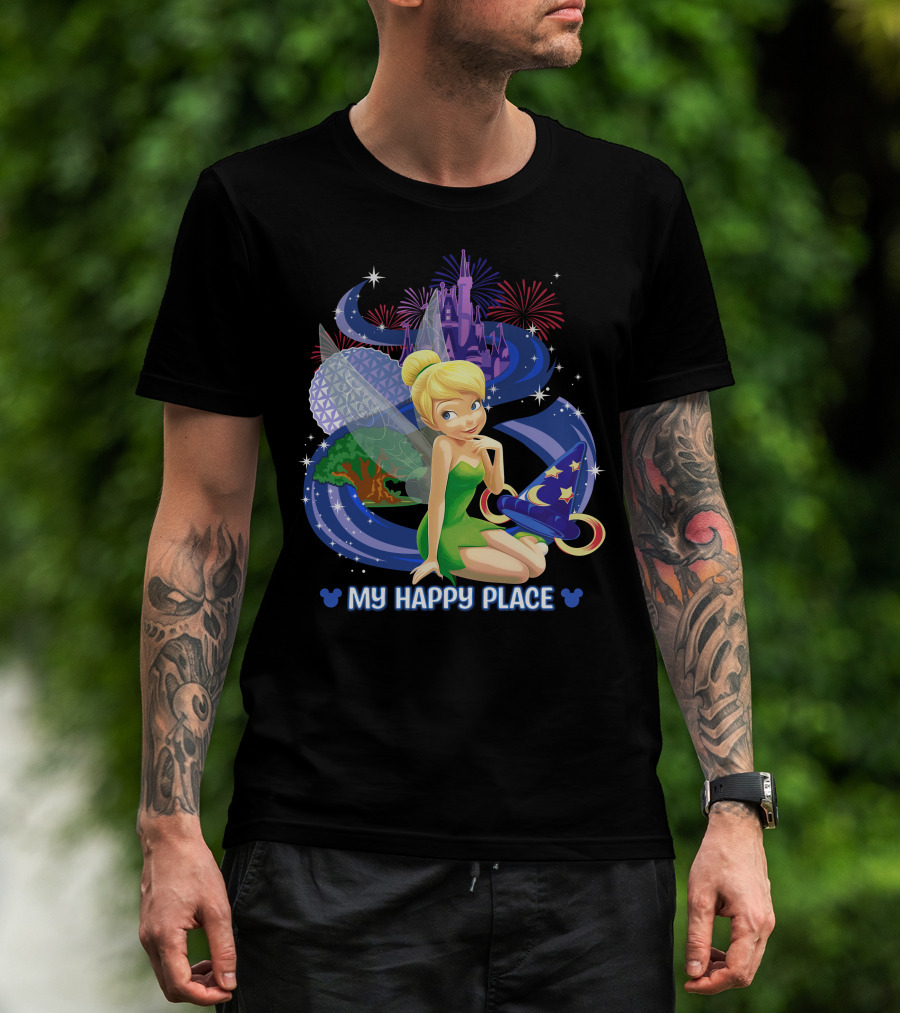 Tinker Bell My Happy Place Disney Castle Epcot Fireworks Wizard Hat T-Shirt