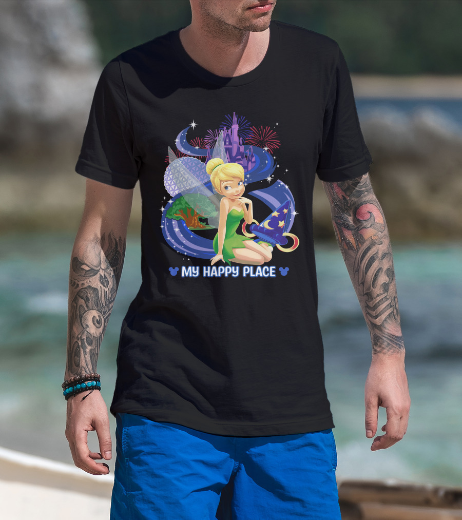 Tinker Bell My Happy Place Disney Castle Epcot Fireworks Wizard Hat T-Shirt