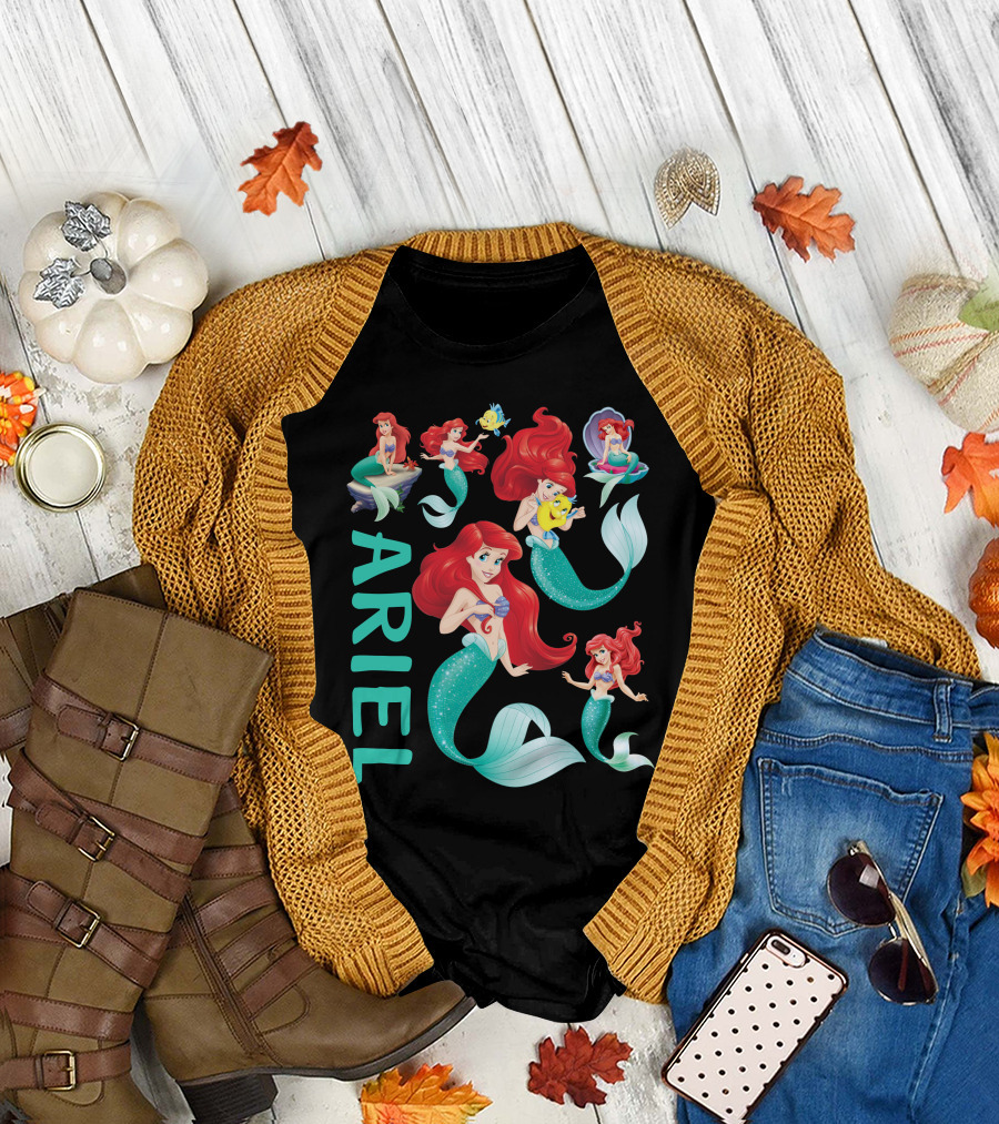 Ariel Mermaid Adventures With Flounder And Shell In Blue Teal Letters T-Shirt
