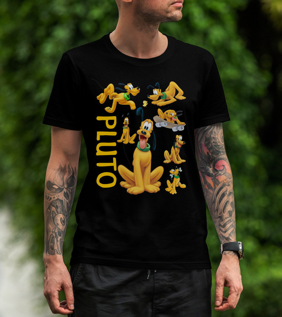 Pluto Character Poses Collection With Skateboarding And Chewy Bone T-Shirt