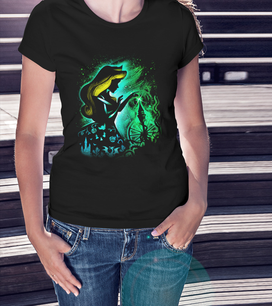 Sleeping Beauty Silhouette With Spinning Wheel And Enchanted Forest Elements T-Shirt
