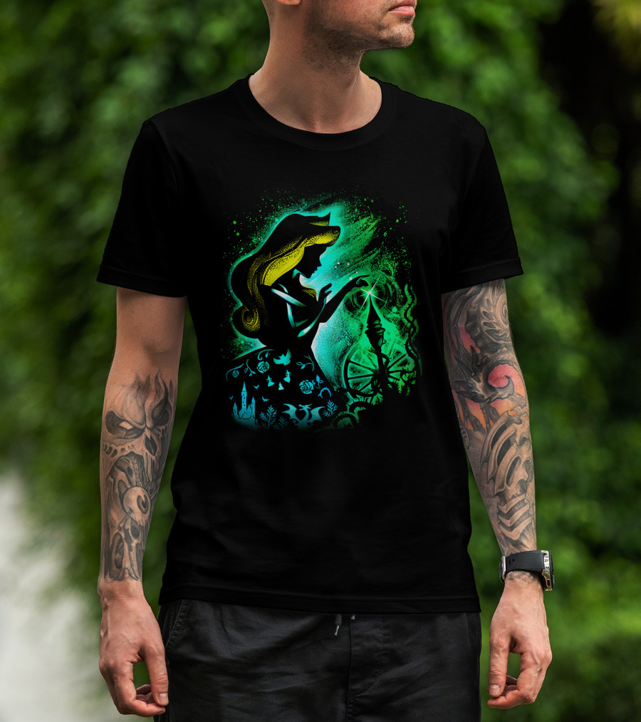 Sleeping Beauty Silhouette With Spinning Wheel And Enchanted Forest Elements T-Shirt
