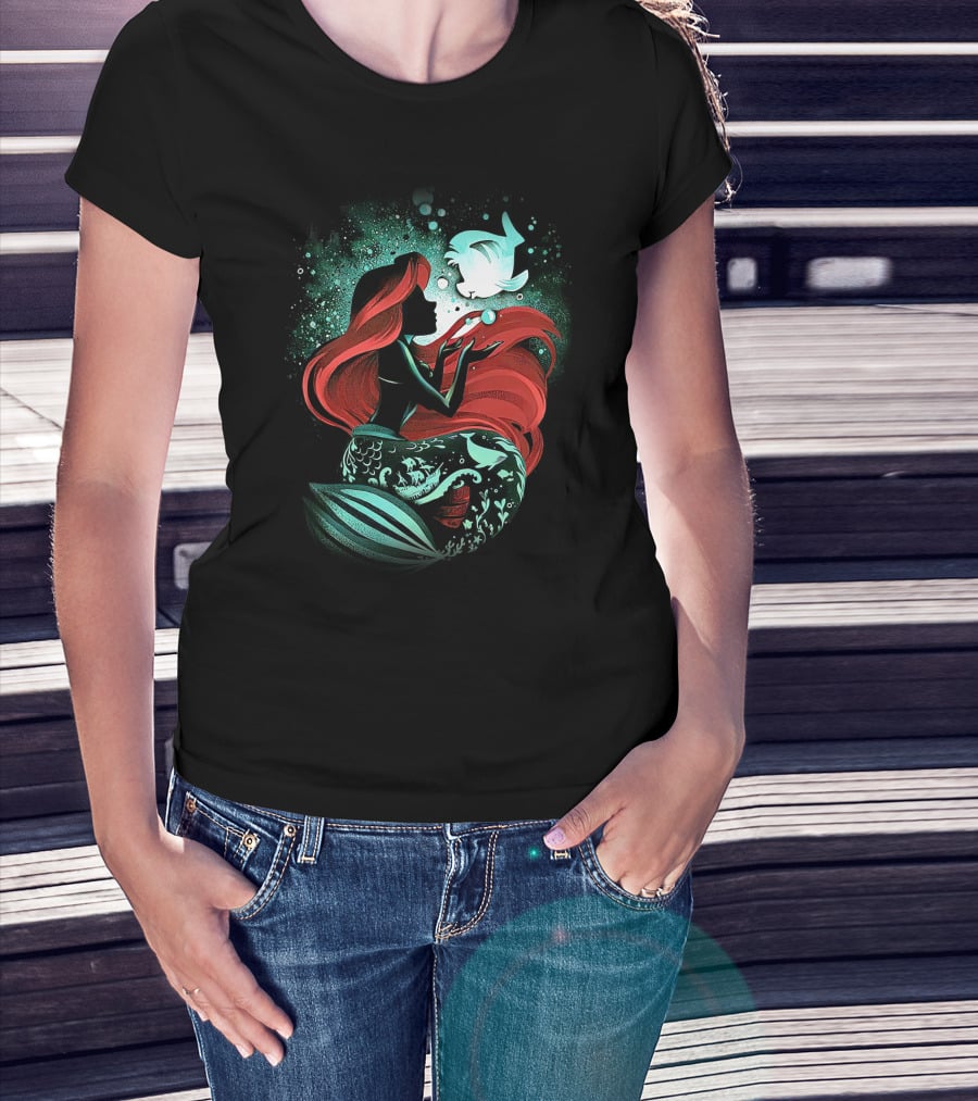 Ariel Mermaid Silhouette With Fish And Red Hair T-Shirt