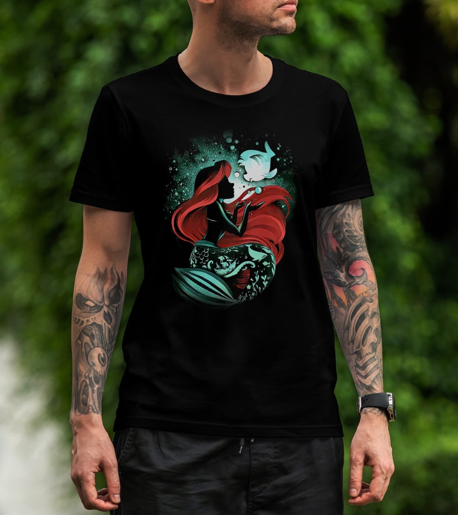 Ariel Mermaid Silhouette With Fish And Red Hair T-Shirt