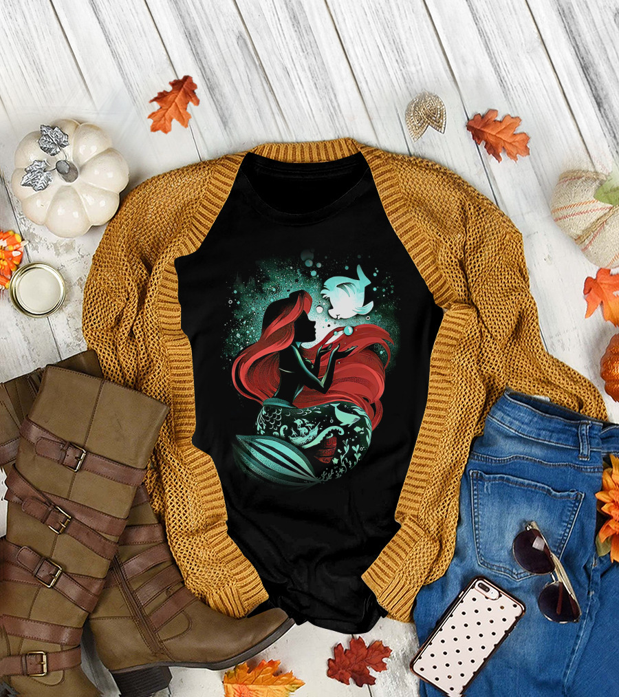 Ariel Mermaid Silhouette With Fish And Red Hair T-Shirt
