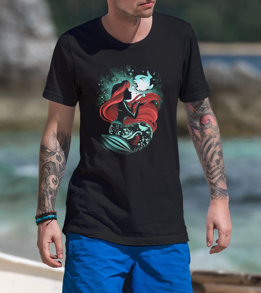 Ariel Mermaid Silhouette With Fish And Red Hair T-Shirt