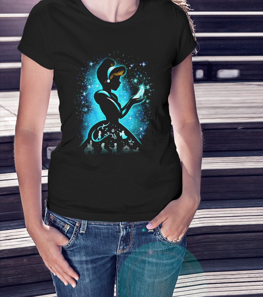 Cinderella Fairy Tale Silhouette With Glass Slipper And Magical Castle Elements T-Shirt