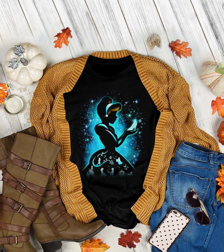 Cinderella Fairy Tale Silhouette With Glass Slipper And Magical Castle Elements T-Shirt