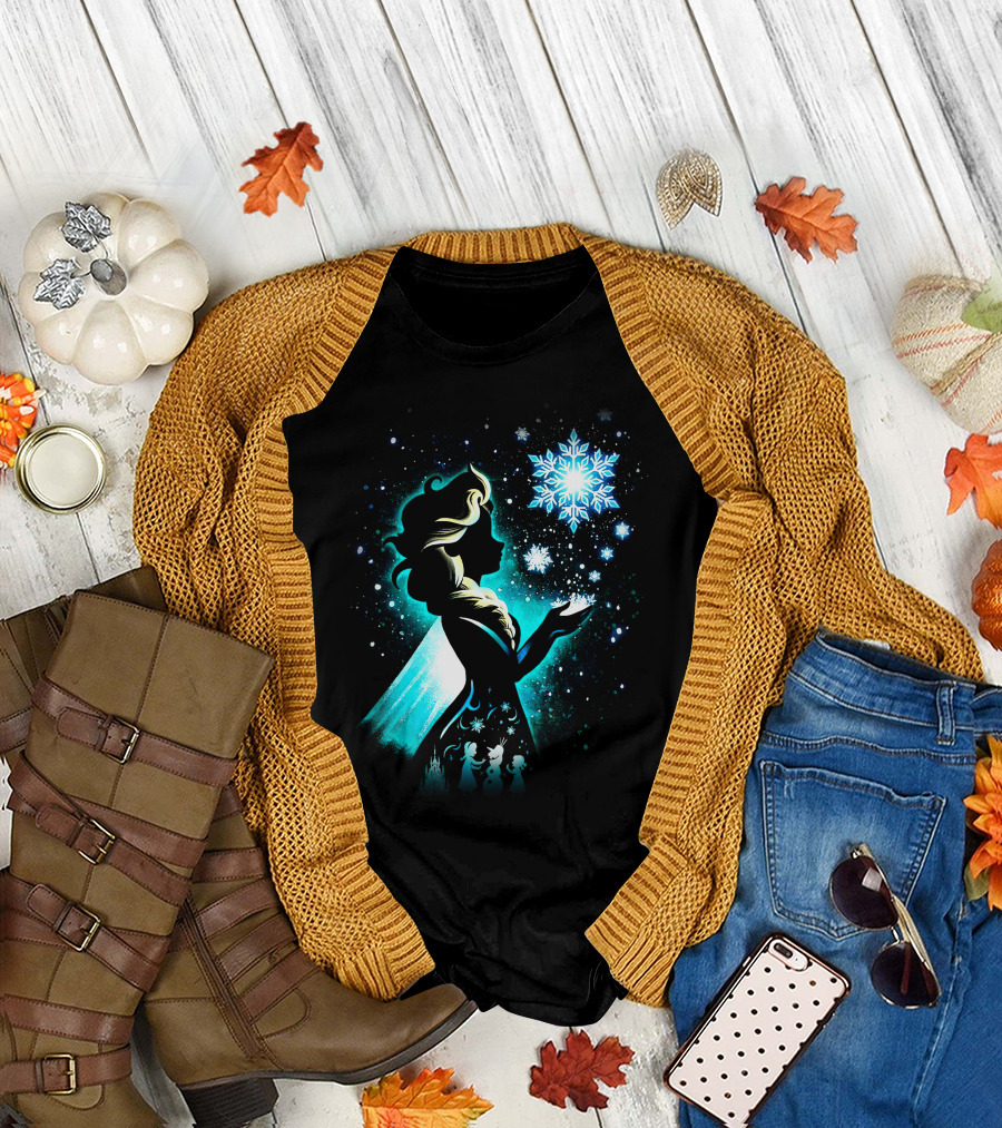 Elsa Silhouette With Snowflakes And Winter Scene T-Shirt
