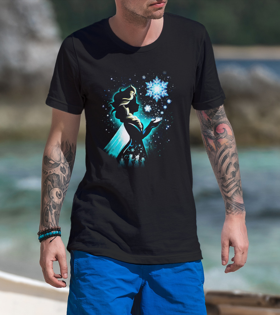 Elsa Silhouette With Snowflakes And Winter Scene T-Shirt