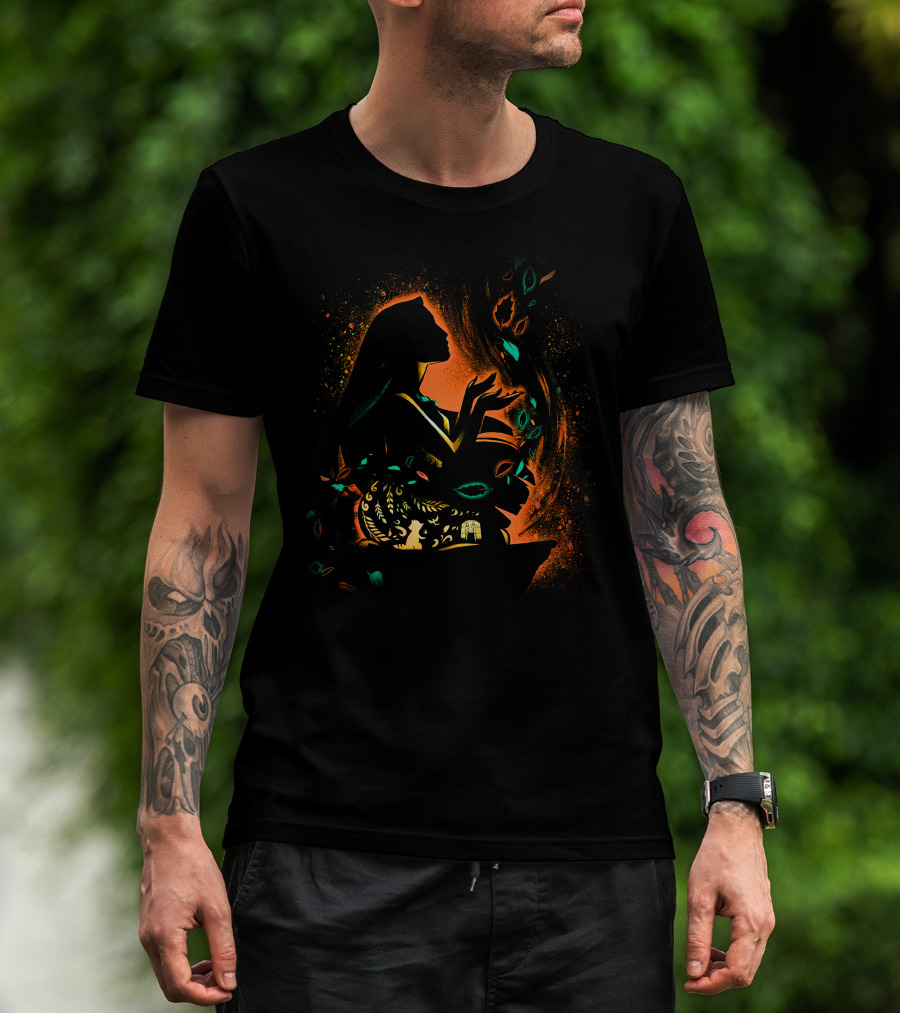 Pocahontas Silhouette With Colorful Leaves And Nature Elements T-Shirt