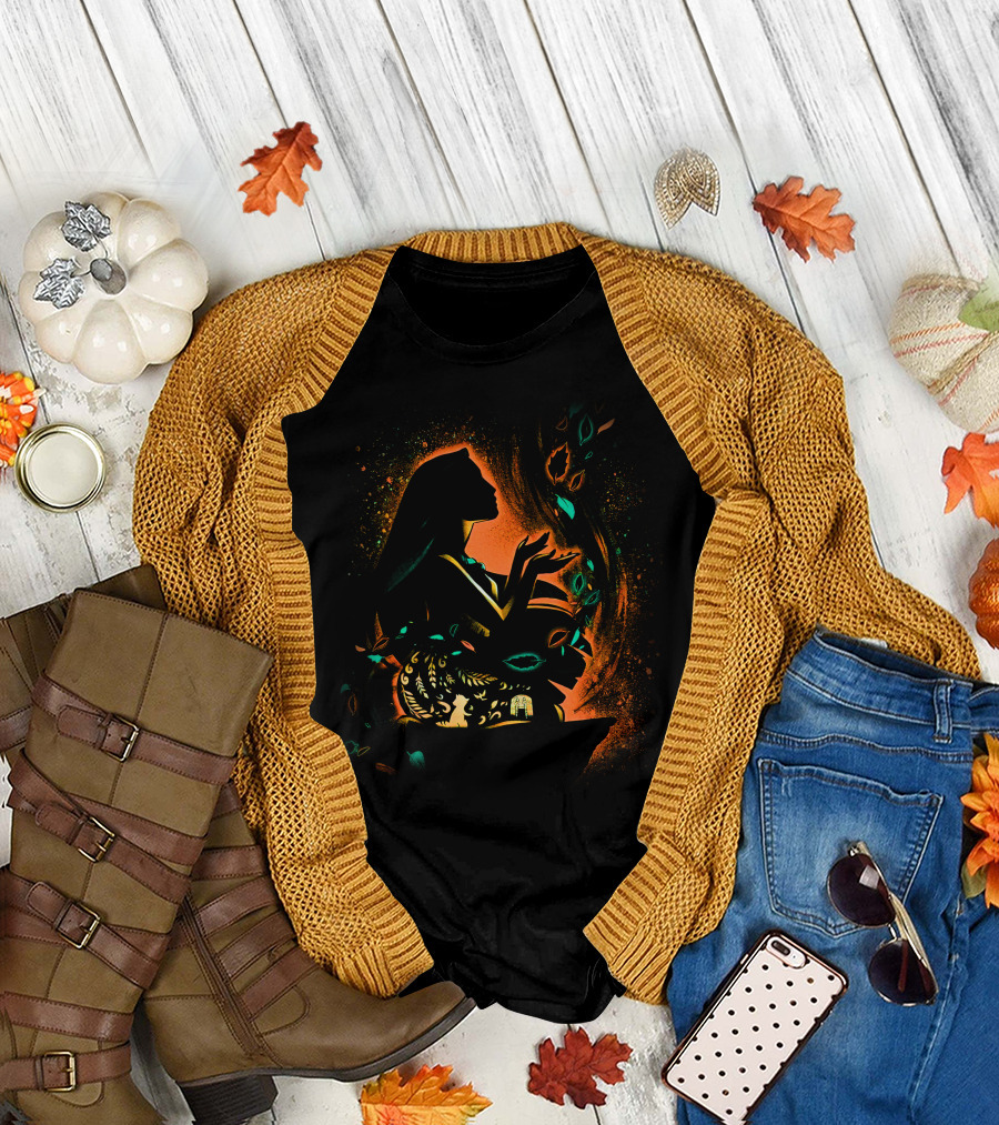 Pocahontas Silhouette With Colorful Leaves And Nature Elements T-Shirt