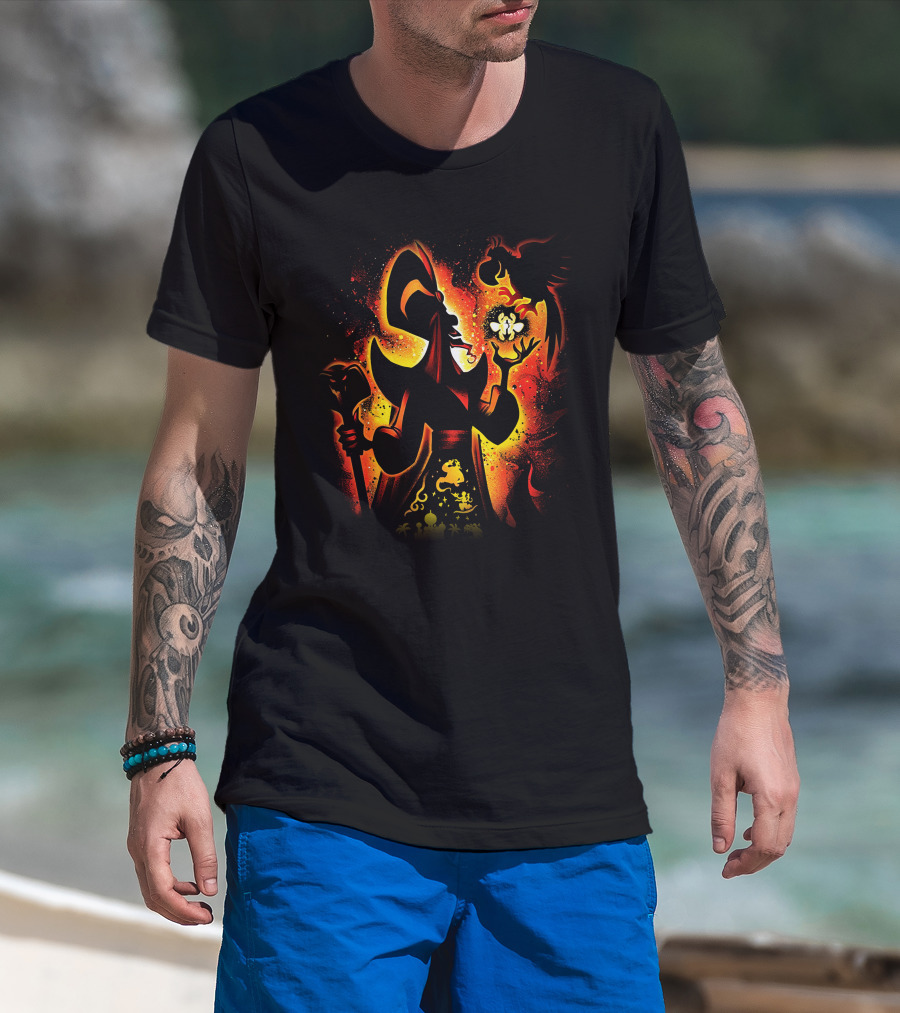 Jafar Villain Silhouette With Genie Lamp And Parrot Magic Scene T-Shirt