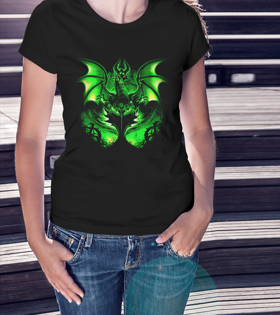 Maleficent 2 Dark Green Dragon Art Fantastical Scene Ravens Winding Thorns T-Shirt