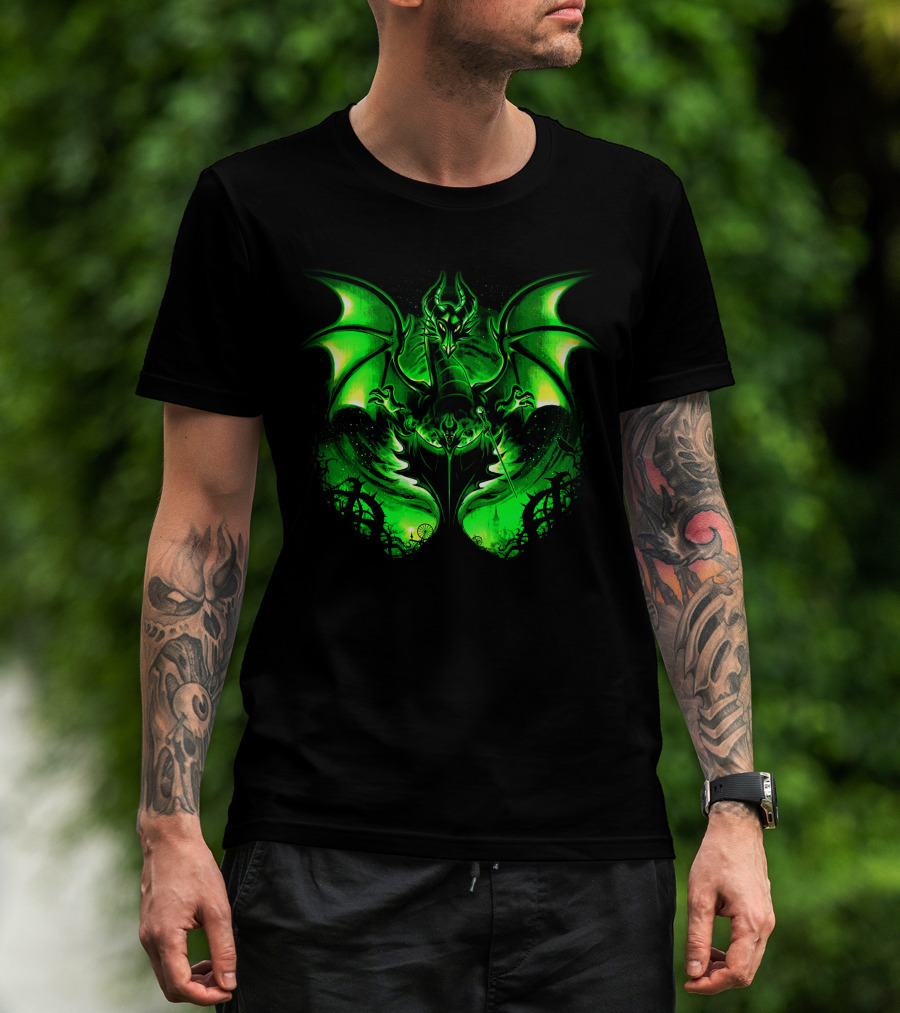 Maleficent 2 Dark Green Dragon Art Fantastical Scene Ravens Winding Thorns T-Shirt