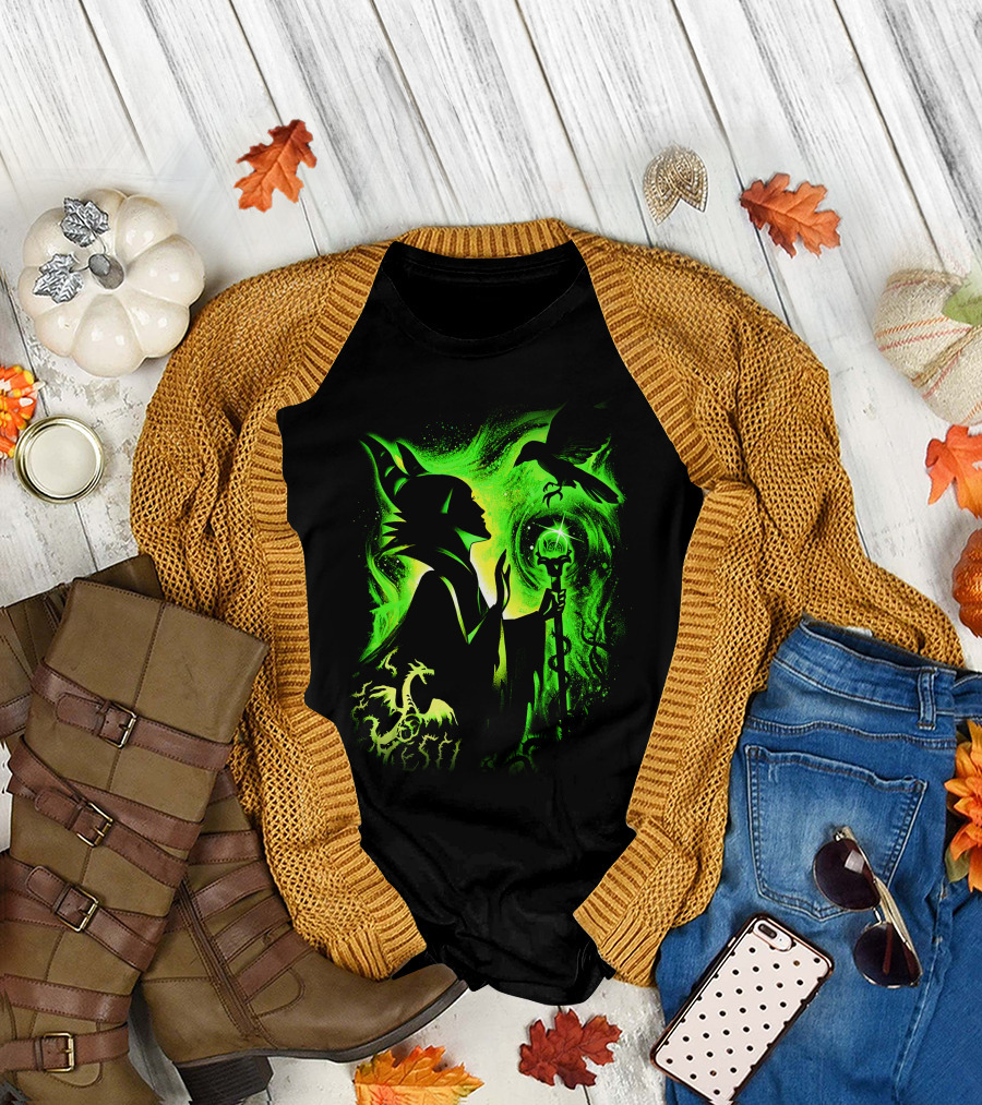 Maleficent 3 Dragon Silhouette And Green Magic Staff Scene T-Shirt