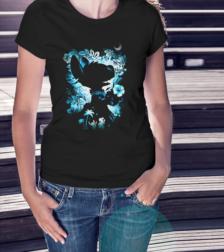 Stitch 2 Midnight Jungle Adventure With Tropical Florals And Crescent Moon T-Shirt