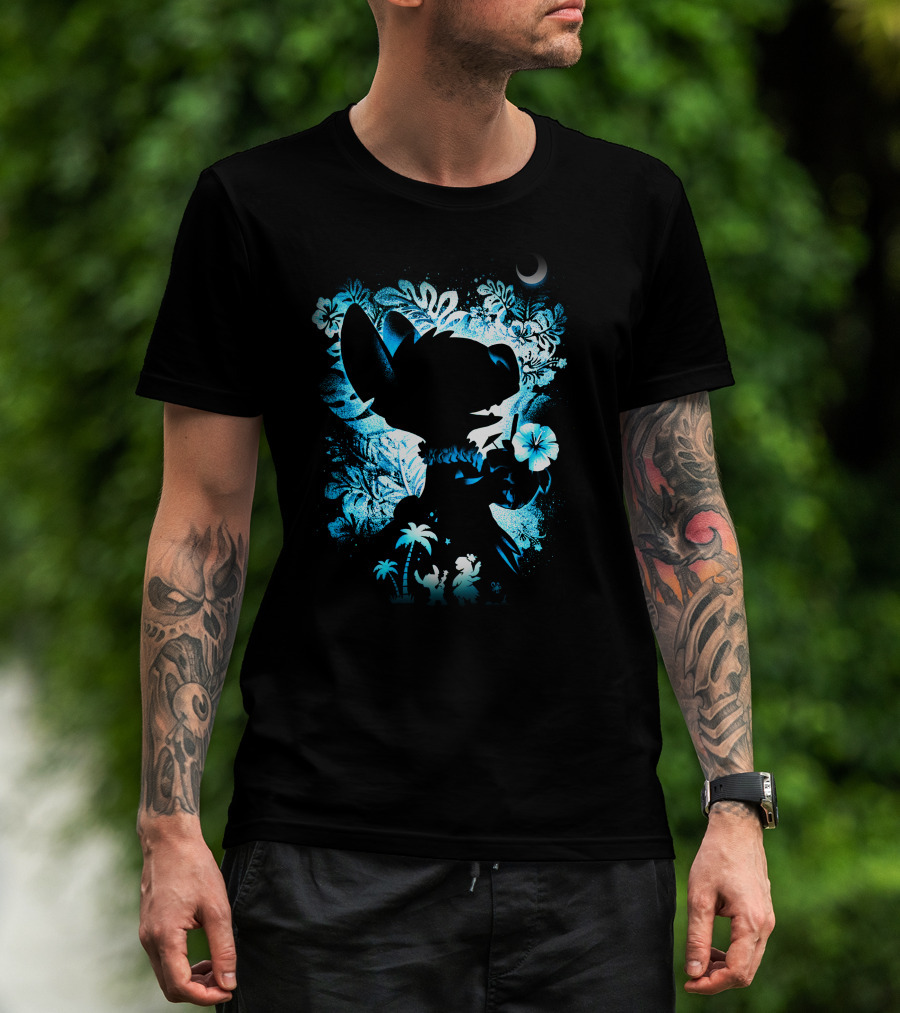 Stitch 2 Midnight Jungle Adventure With Tropical Florals And Crescent Moon T-Shirt