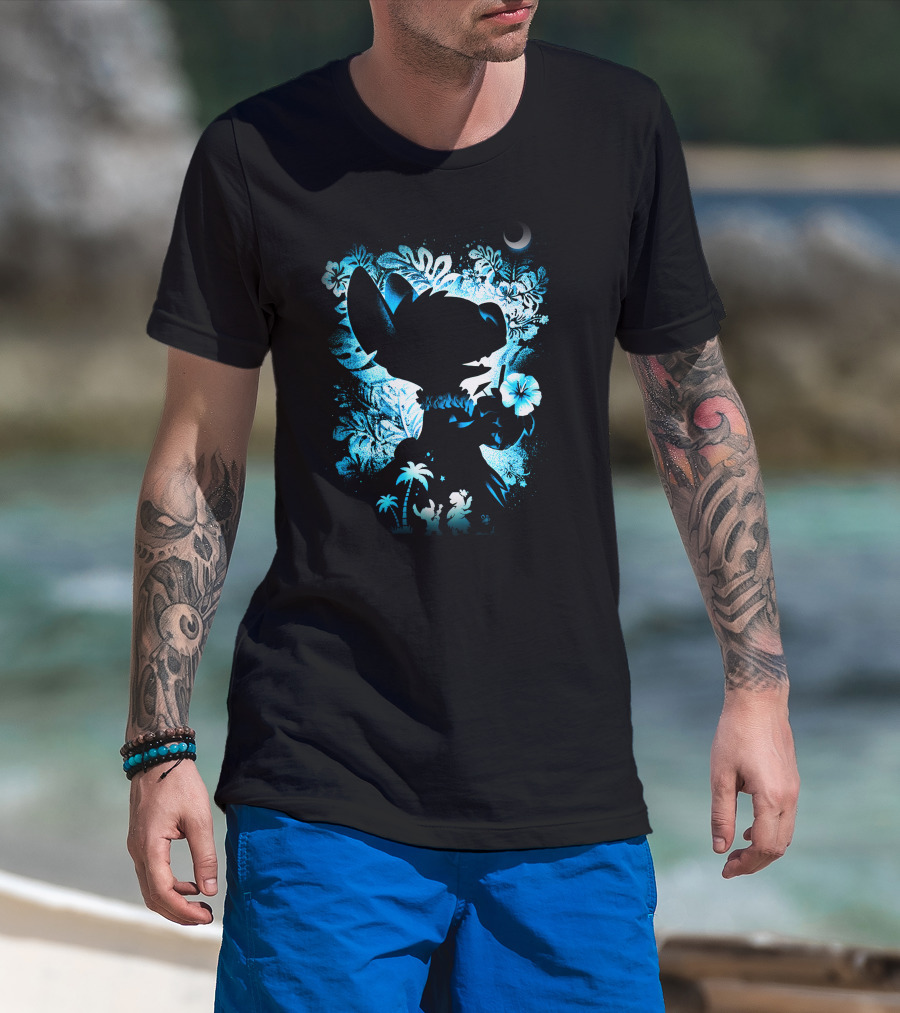 Stitch 2 Midnight Jungle Adventure With Tropical Florals And Crescent Moon T-Shirt