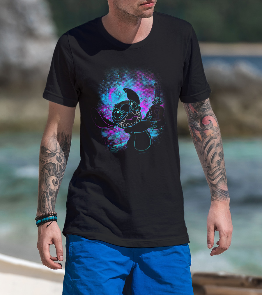 Stitch Neon Glow Playing Guitar Art T-Shirt