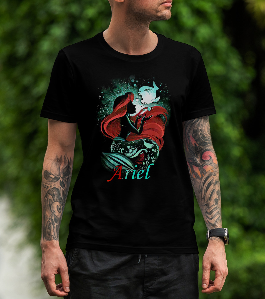 Ariel Silhouette With Red Hair And Fish Bubbles T-Shirt