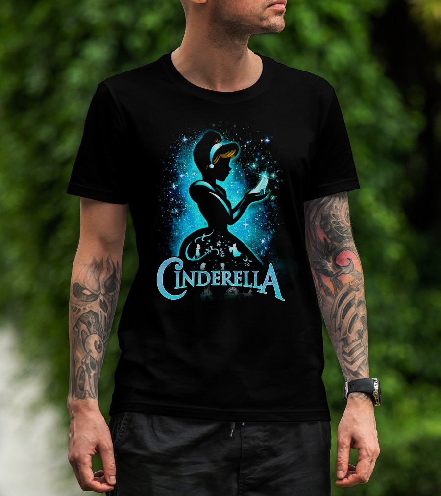 Cinderella Silhouette Holding Glass Slipper With Enchanted Blue Starry T-Shirt