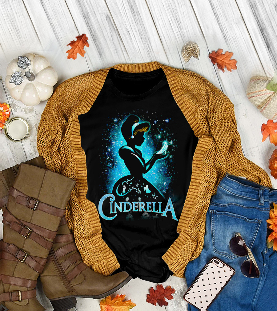 Cinderella Silhouette Holding Glass Slipper With Enchanted Blue Starry T-Shirt