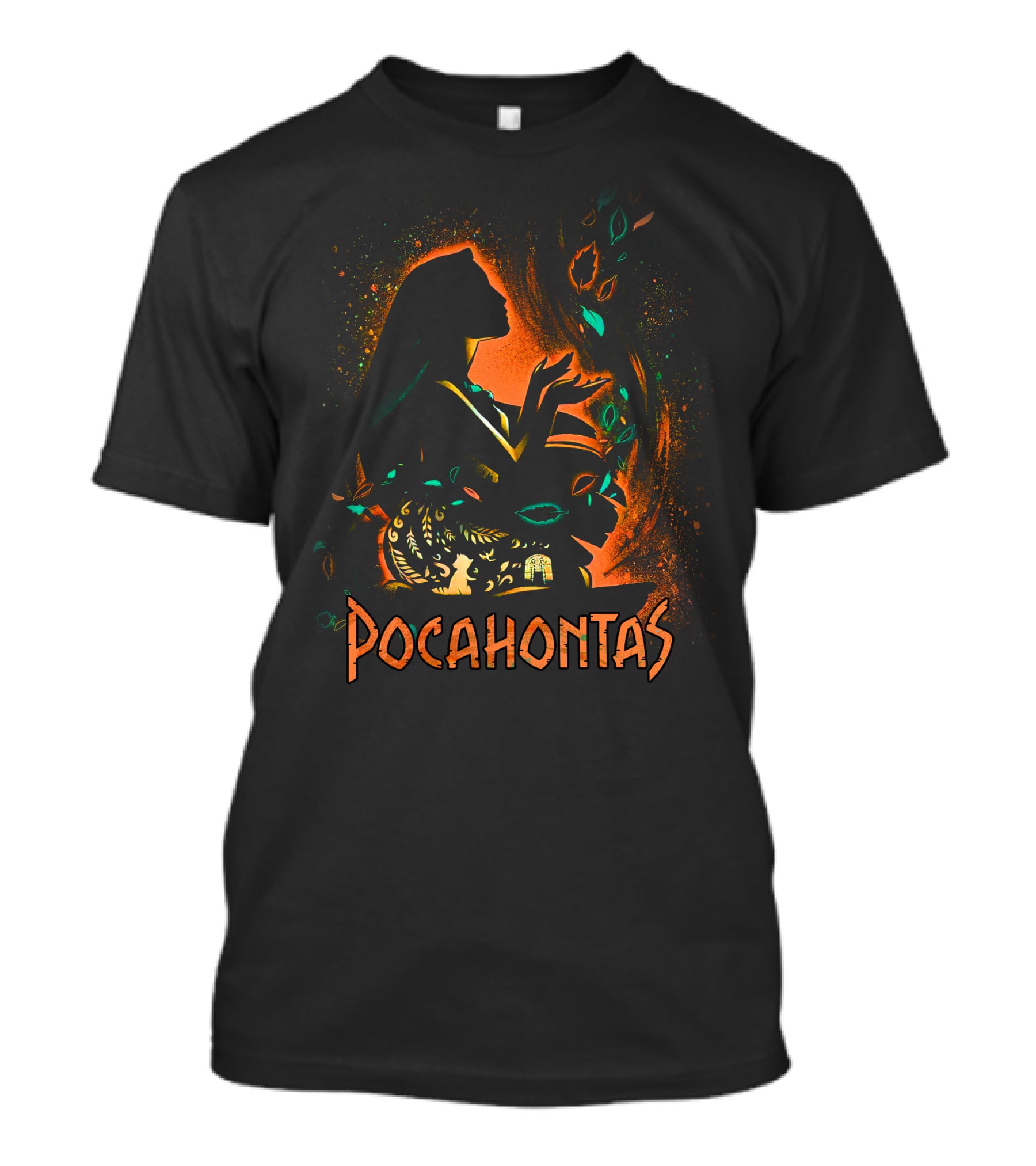 Pocahontas Silhouette With Leaves And Nature Elements T-Shirt
