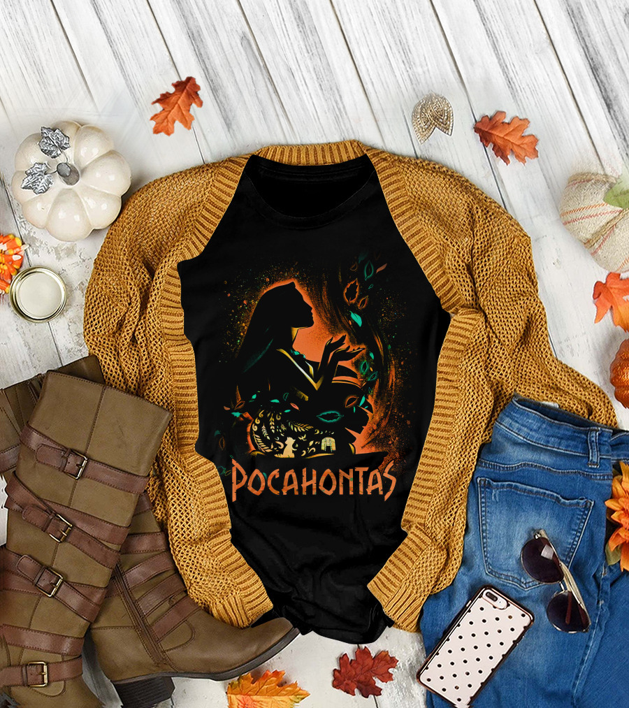 Pocahontas Silhouette With Leaves And Nature Elements T-Shirt