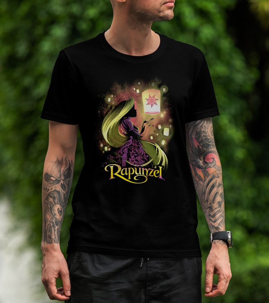 Rapunzel Lantern Silhouette With Glowing Hair And Floating Lights T-Shirt