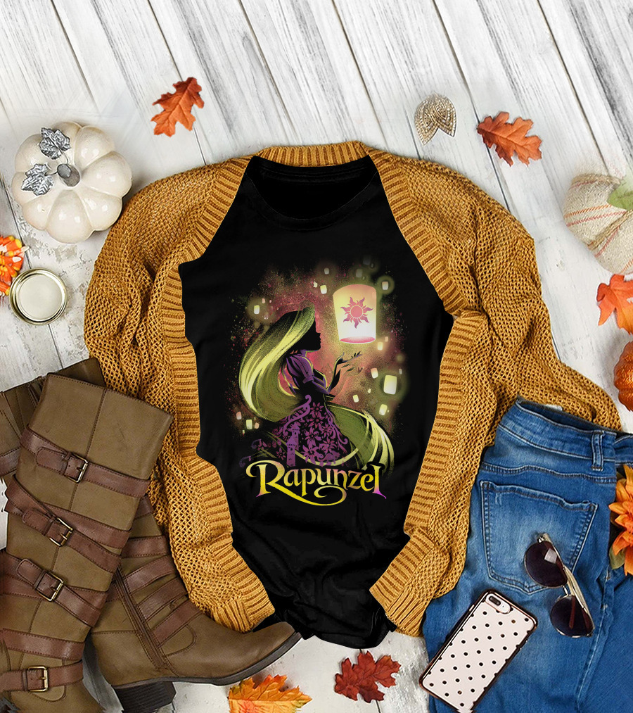 Rapunzel Lantern Silhouette With Glowing Hair And Floating Lights T-Shirt