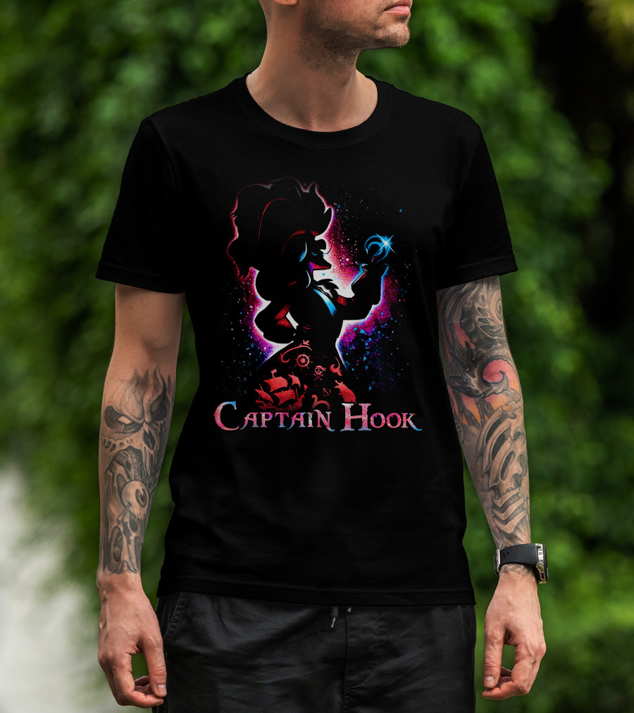 Captain Hook Silhouette With Pirate Ship And Nautical T-Shirt