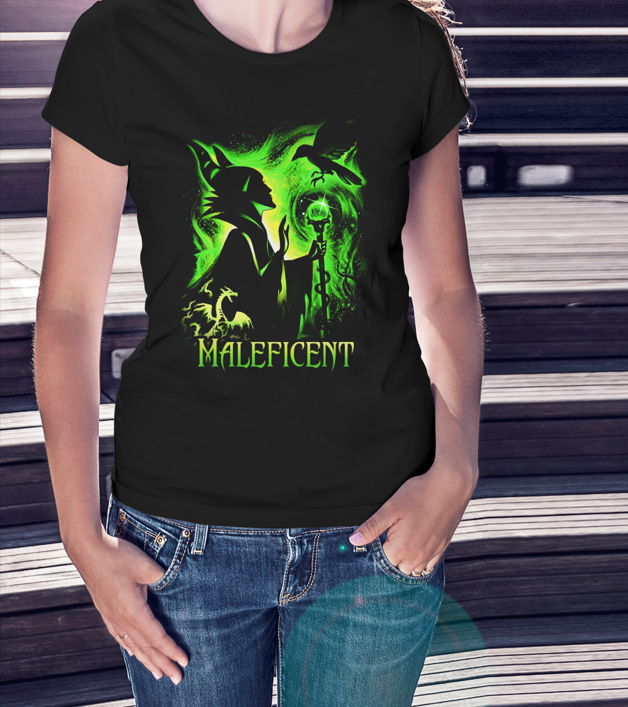 Maleficent Green Silhouette With Dragon Raven And Staff T-Shirt