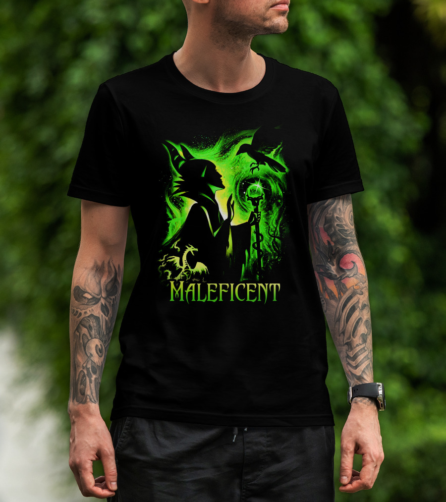 Maleficent Green Silhouette With Dragon Raven And Staff T-Shirt