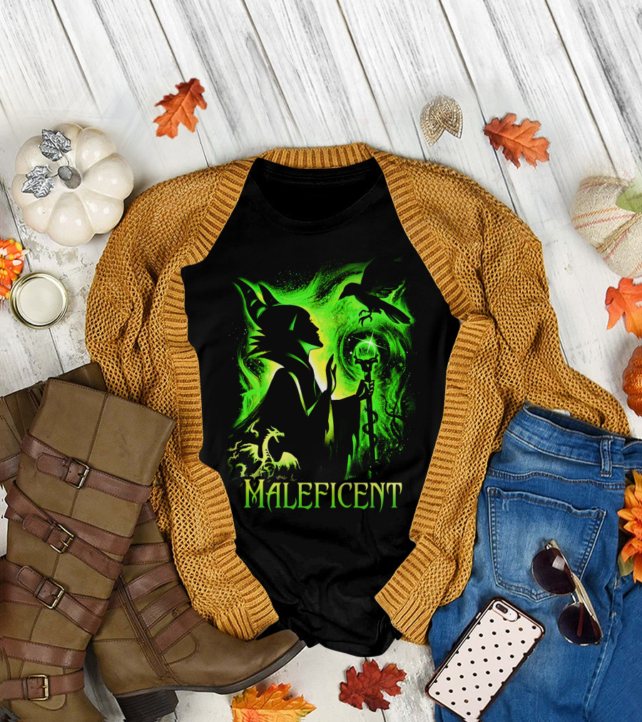 Maleficent Green Silhouette With Dragon Raven And Staff T-Shirt
