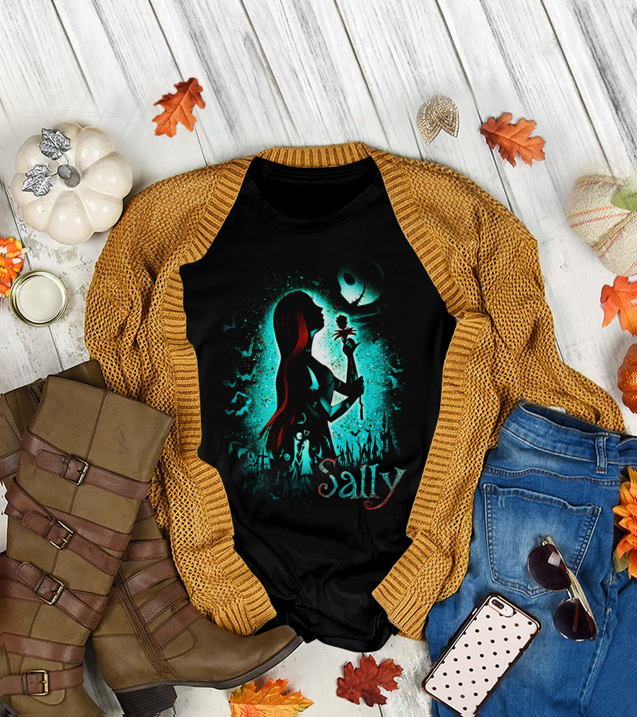 Sally Nightmare Before Christmas Silhouette with Rose and Jack Skellington T-Shirt