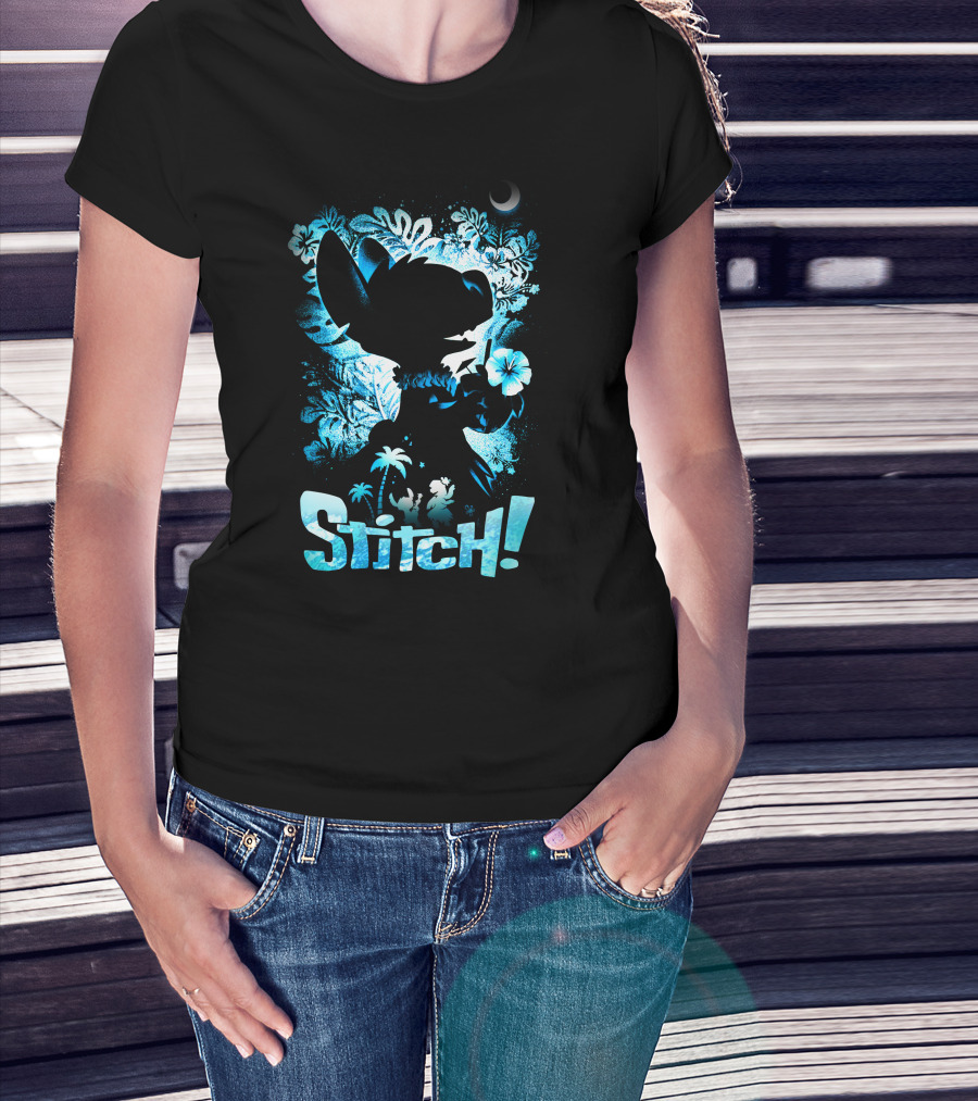 Stitch Tropical Silhouette With Palm Trees And Flowers T-Shirt
