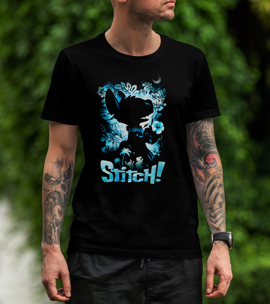 Stitch Tropical Silhouette With Palm Trees And Flowers T-Shirt