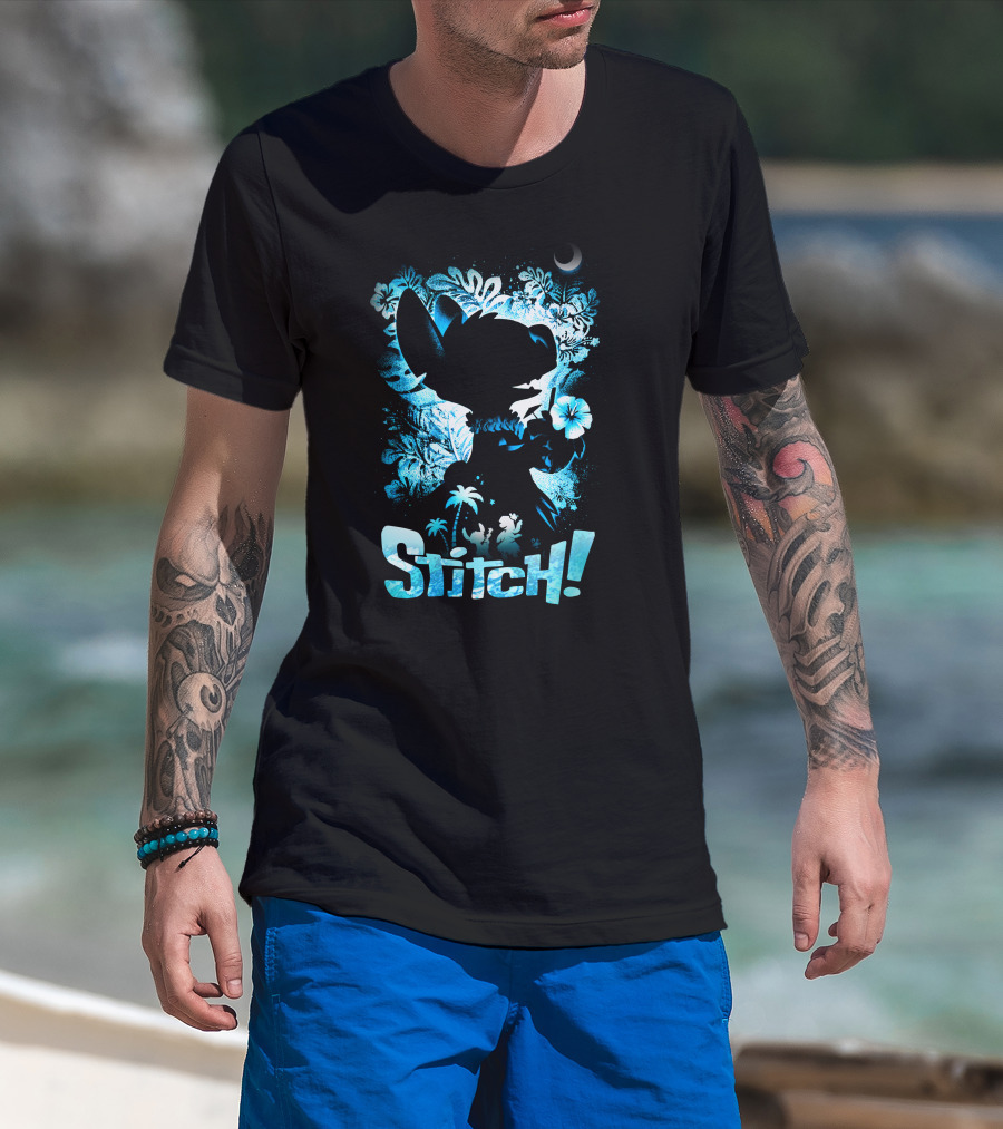 Stitch Tropical Silhouette With Palm Trees And Flowers T-Shirt