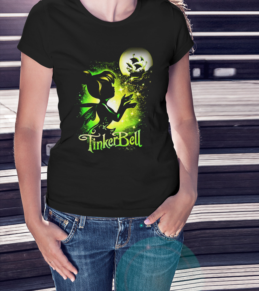 Tinker Bell Silhouette With Ship And Crescent Moon Magic Glow T-Shirt