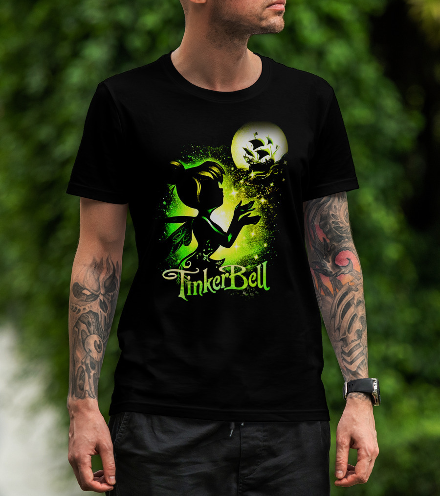 Tinker Bell Silhouette With Ship And Crescent Moon Magic Glow T-Shirt