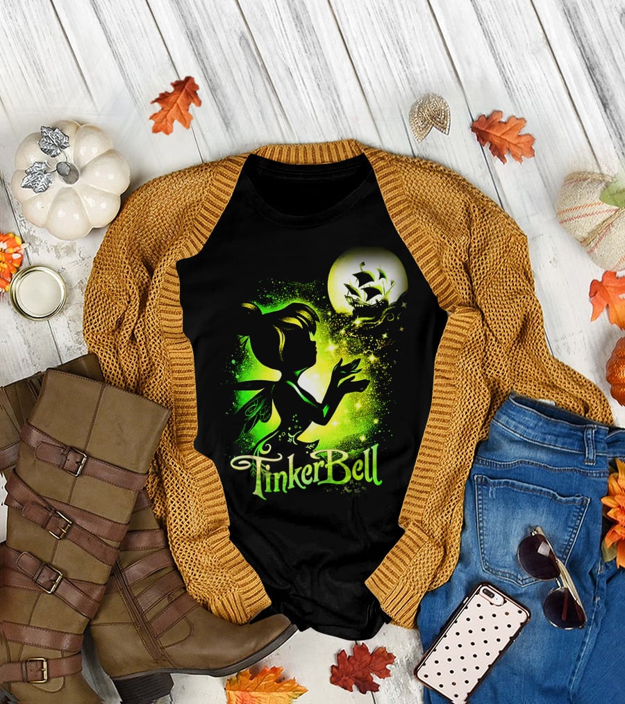 Tinker Bell Silhouette With Ship And Crescent Moon Magic Glow T-Shirt