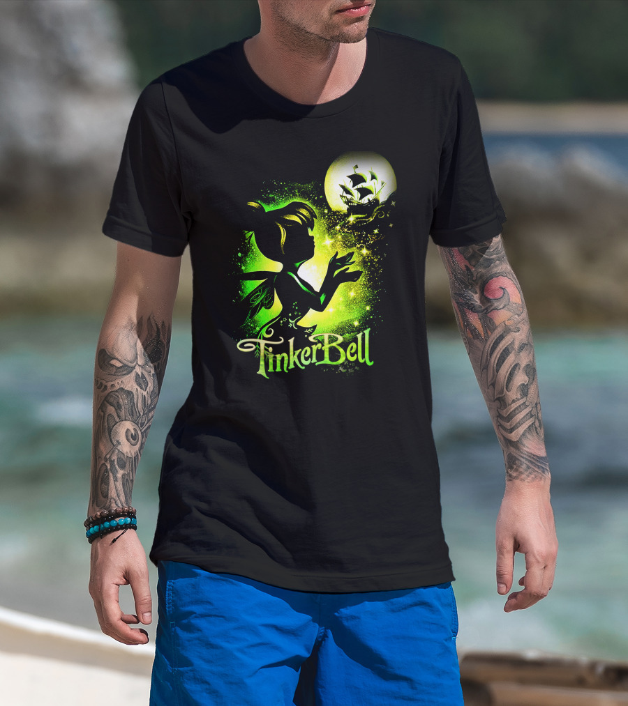 Tinker Bell Silhouette With Ship And Crescent Moon Magic Glow T-Shirt