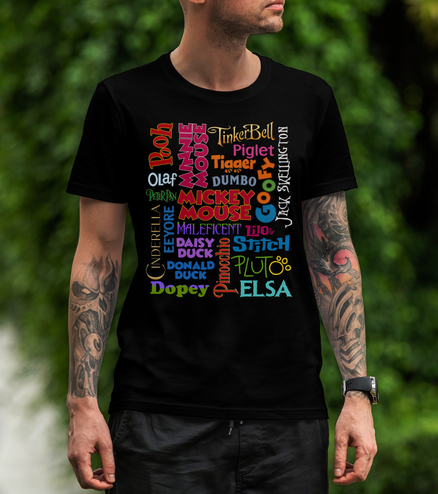 Disney Characters Names Tinker Bell Pooh Olaf Mickey Mouse Cinderella Goofy Elsa Jack Skellington T-Shirt