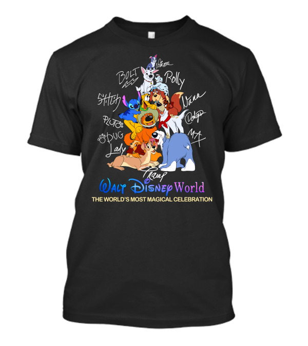 Walt Disney World Dogs Celebration Stitch Pluto Bolt Lady Tramp Nana Dodger Max Pongo Rolly T-Shirt