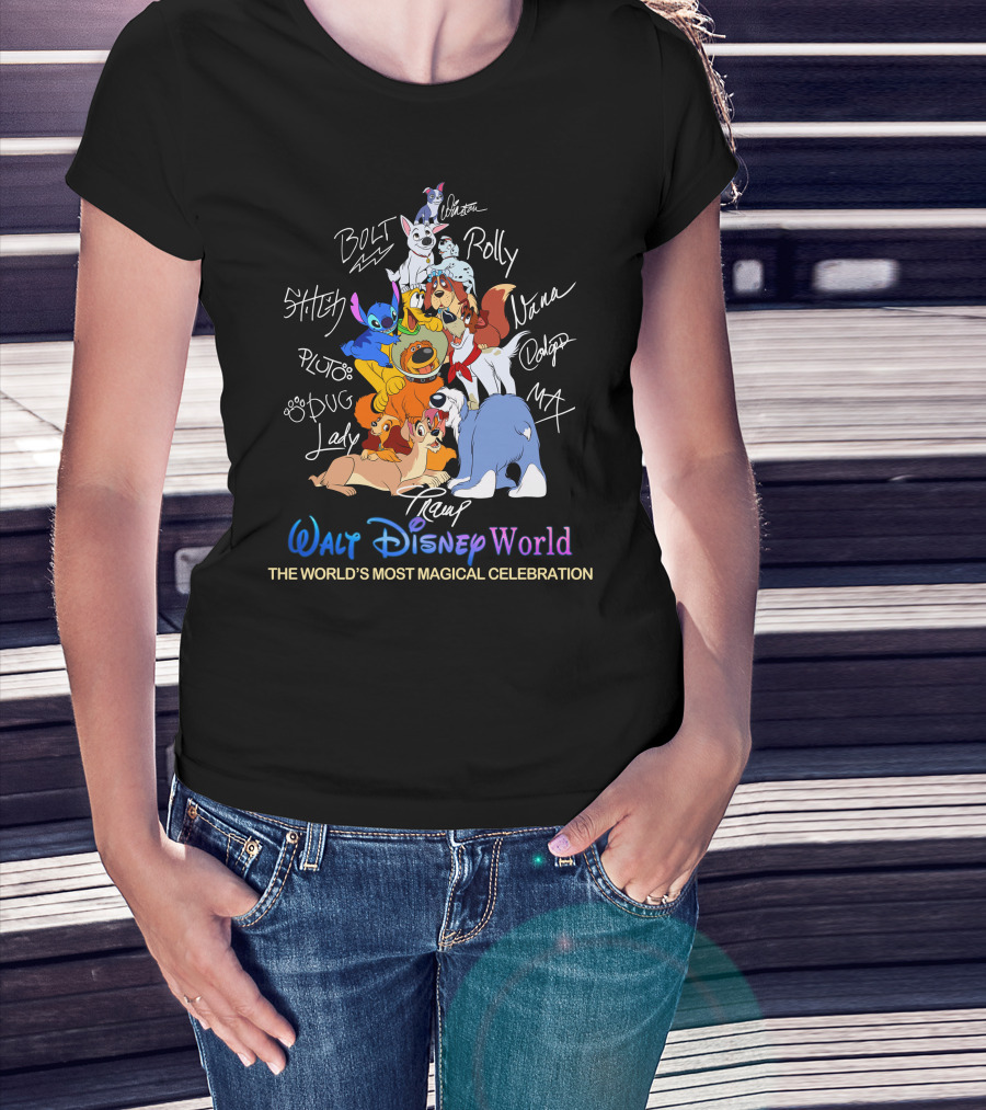 Walt Disney World Dogs Celebration Stitch Pluto Bolt Lady Tramp Nana Dodger Max Pongo Rolly T-Shirt