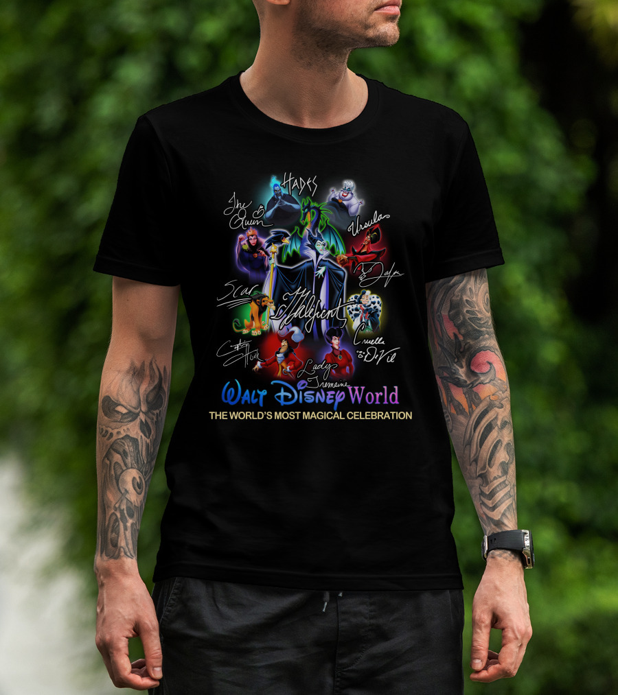 Walt Disney World The World's Most Magical Celebration Villains Hades Ursula Jafar The Queen Scar Cruella De Vil Captain Hook Lady Tremaine Maleficent T-Shirt